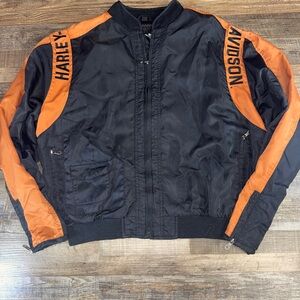 Harley Davidson Nylon Bomber Jacket Black Orange Racing Logo Mens XL